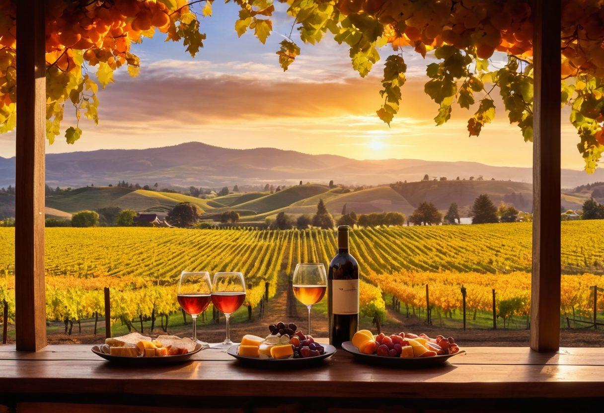 A picturesque Oregon vineyard bathed in golden sunset light, featuring rolling hills lined with grapevines, a rustic tasting room in the foreground with wine glasses and a cheese platter, and a couple enjoying a tasting experience. The sky transitions from warm oranges to deep purples, inviting viewers to explore and relax. super-realistic. vibrant colors. natural scenery.
