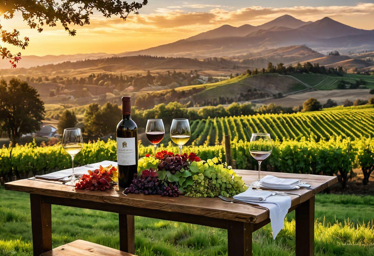 A picturesque landscape of Oregon wine country, showcasing rolling vineyards under a golden sunset, paired with a rustic wooden table featuring an assortment of wine glasses filled with rich red and white wines. Add vibrant wildflowers in the foreground and distant mountains to enhance the scenery. Envelop the scene with a warm, inviting atmosphere. super-realistic. vibrant colors.