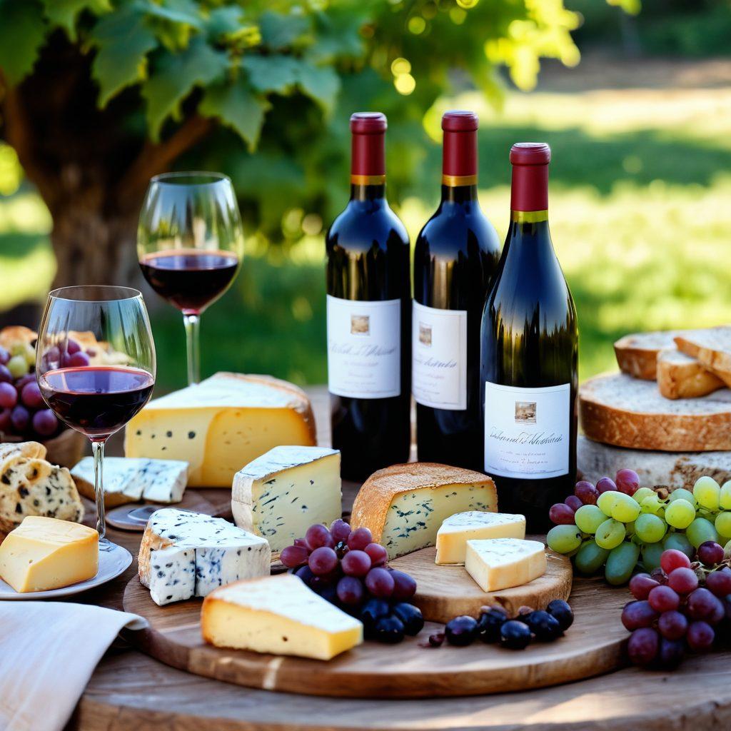 A beautifully arranged table with various wine bottles, glasses filled with red and white wine, and an assortment of gourmet cheeses and artisan breads. Include an elegant vineyard backdrop and soft natural lighting that creates a warm, inviting atmosphere. Add subtle details like an event invitation and fresh grapes scattered on the table. painting. vibrant colors. soft focus.